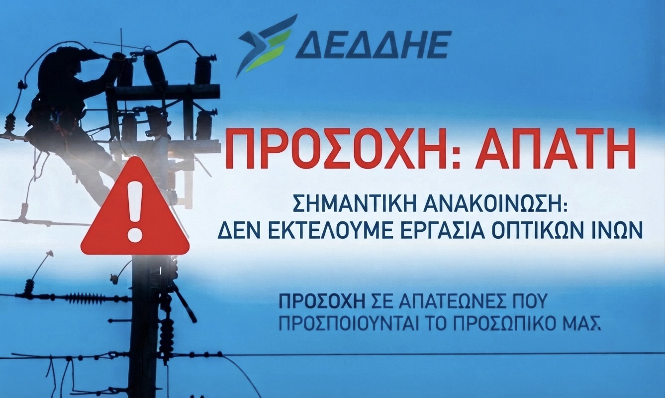 Προσοχή: Ενημέρωση σχετικά με περιστατικά εξαπάτησης από δήθεν υπαλλήλους του ΔΕΔΔΗΕ